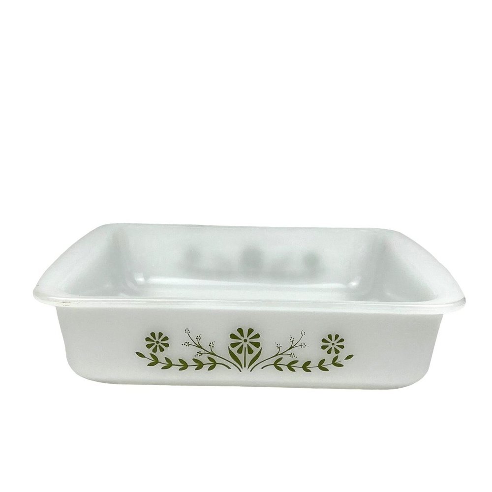 Vintage Glasbake Square Casserole Dish Milk Glass Green Flowers 8 in. J2428